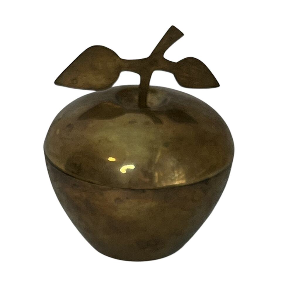 Vintage Brass Apple Container with Leaf Lid Dark Patina 4 Inch Made in India MCM